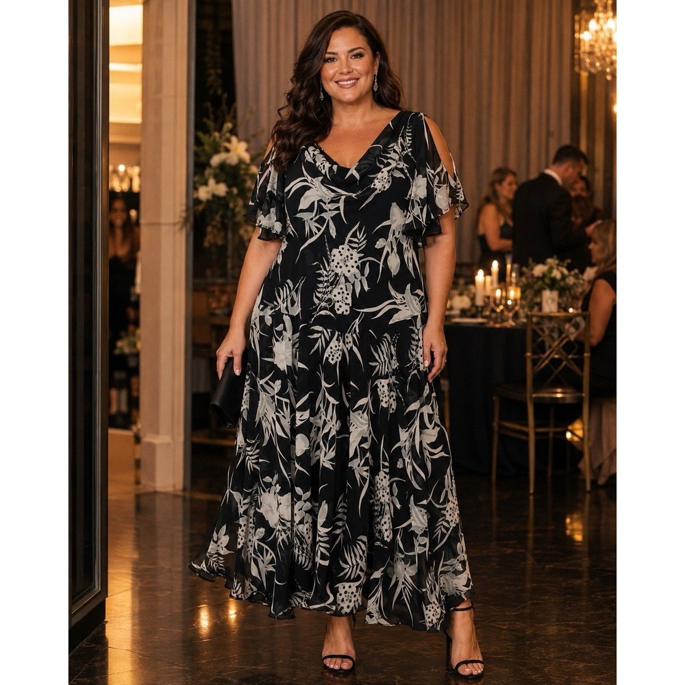 Roamans 22W Black Floral Cold Shoulder Chiffon Asymmetrical Maxi Dress AB28